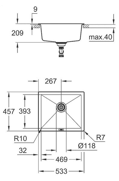 Grohe K700U Композитна кухненска мивка, 533 x 457 mm, черен гранит
