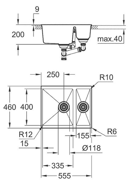 Grohe K500 Композитна кухненска мивка, двукоритна, 555 x 460 mm, черен гранит