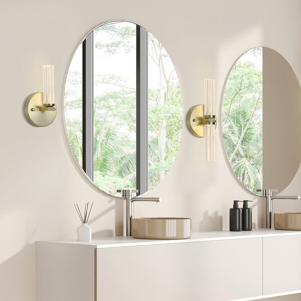 Searchlight LED стенна лампа за баня Aberdeen, височина 24 cm, метал в цвят месинг, Затъмняване, Злато / месинг, Баня, Метал