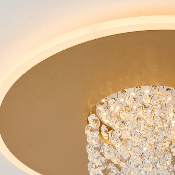 Searchlight LED плафон Deluge, златист, Ø 32 cm, метал/акрил, Затъмняване, Прозрачен, Дневна/трапезария, Метал