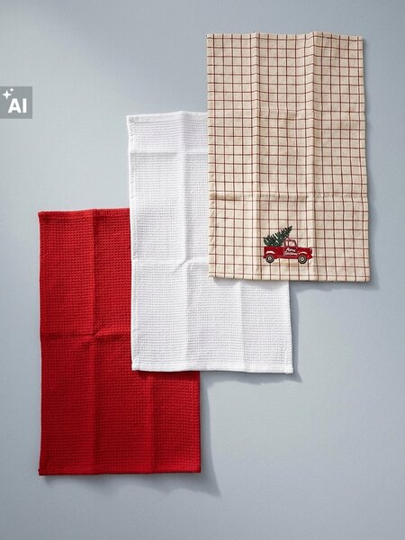 Sinsay - Комплект коледни кухненски кърпи с автомобил и елха 3 pack - червeн