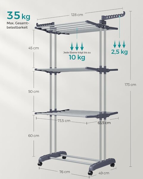 Стойка за сушене на дрехи Songmics Grey 126.6x64.2x64.2x169.2 cm