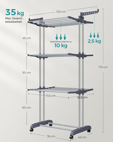 Стойка за сушене на дрехи Songmics Grey 126.6x64.2x64.2x169.2 cm