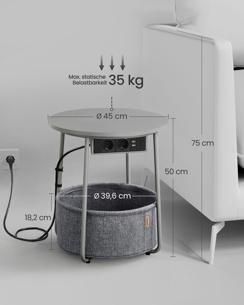 Странична масичка с контакт Vasagle Сиво 45x45x50 см