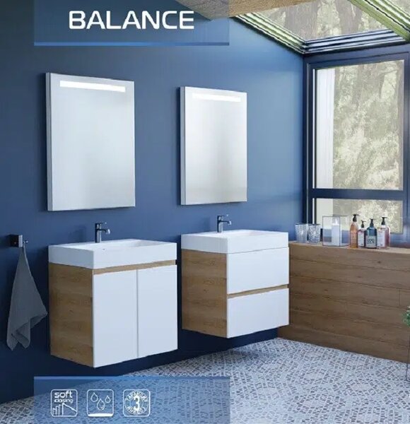 Шкаф за баня с мивка BALANCE, с две врати, бял и дървесен декор
