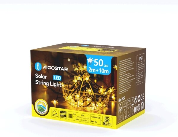 Aigostar - Соларна LED гирлянда 50 LED / 8 функции, 12 м, IP65, топла бяла светлина
