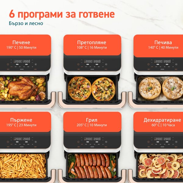 Фритюрник с горещ въздух Cosori Dual Blaze TwinFry CAF-TF101S, 10L, Бял