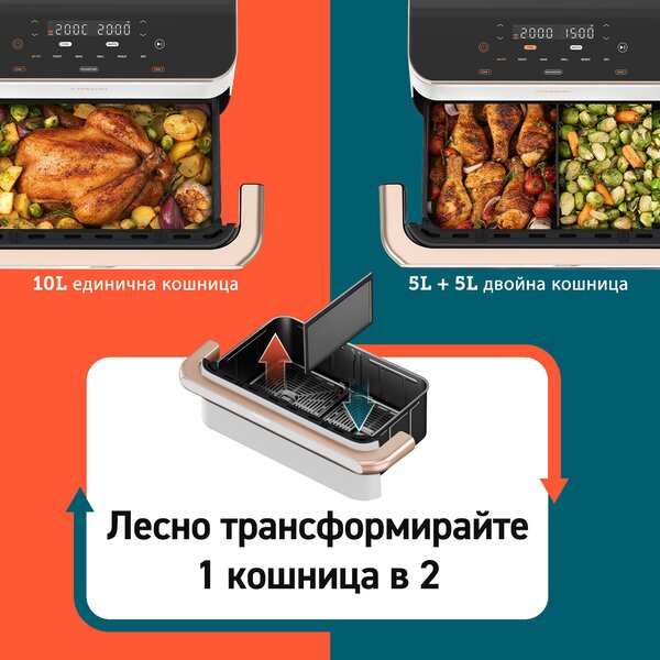Фритюрник с горещ въздух Cosori Dual Blaze TwinFry CAF-TF101S, 10L, Бял