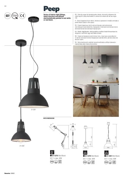 Redo 01-1281 - Полилей на кабел PEEP 1xE27/42W/230V Ø 34,5 cm черен