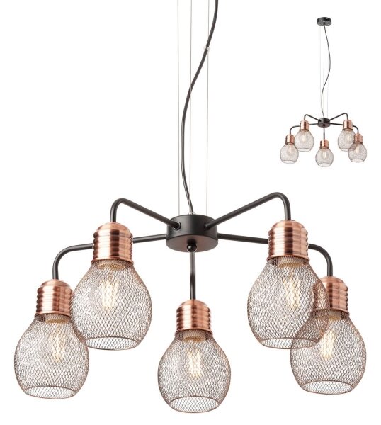 Redo 01-1580 - Полилей на кабел EDISON 5xE27/42W/230V Ø 53 см черен/меден