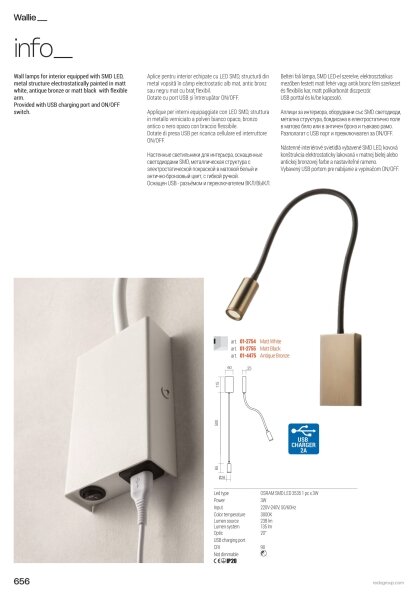 Redo 01-4475 - Гъвкава LED лампа WALLIE LED/3W/230V USB CRI 90 бронзова