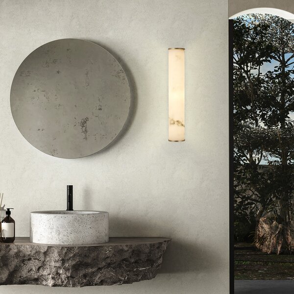 Searchlight LED стенна лампа за баня Wales, златна/мраморна, 35 cm стомана/смола, Затъмняване, Злато / месинг, Баня, Метал