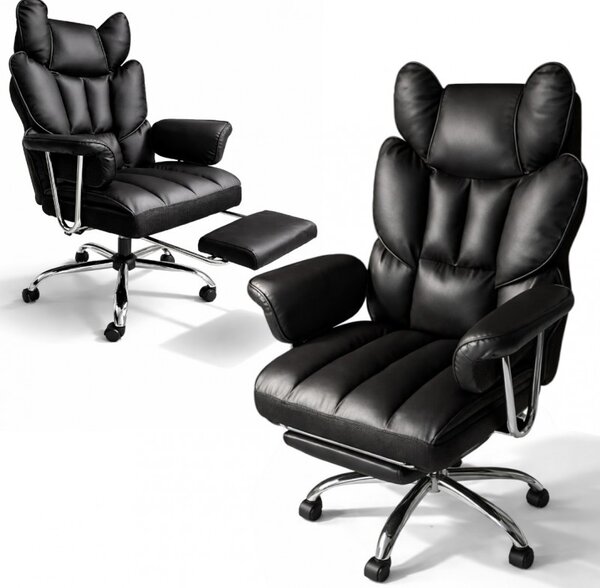 Луксозен офис стол RELAX PRO с поставка за крака - черна екокожа