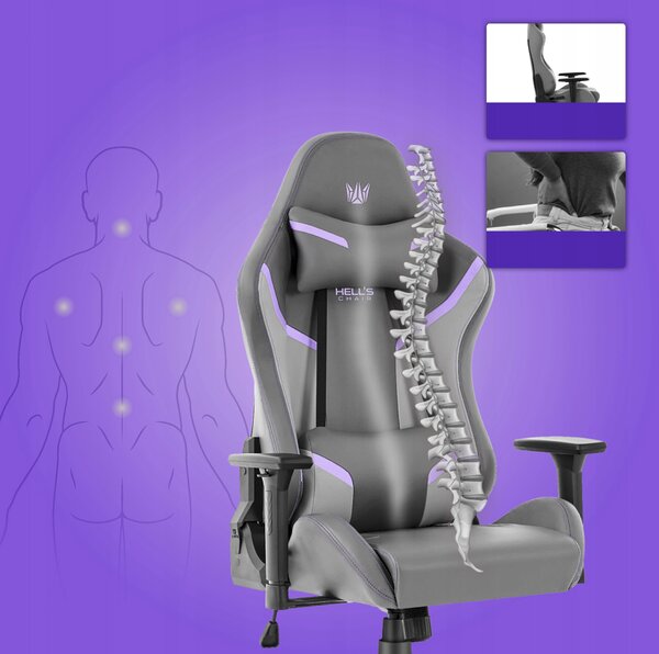 Ергономичен геймърски стол HC-2002 с максимална товароносимост 150 кг – сив с лилави акценти