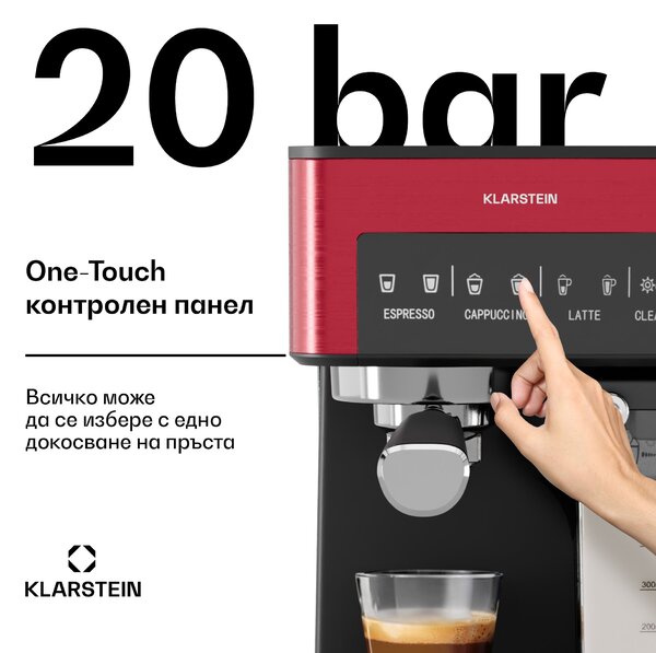 Klarstein 1,8 л кафемашина с разпенител за мляко, кафемашина 20  бара, малка кафемашина за мляно кафе с 1350  W, бариста кафемашина за ледено капучино лате еспресо