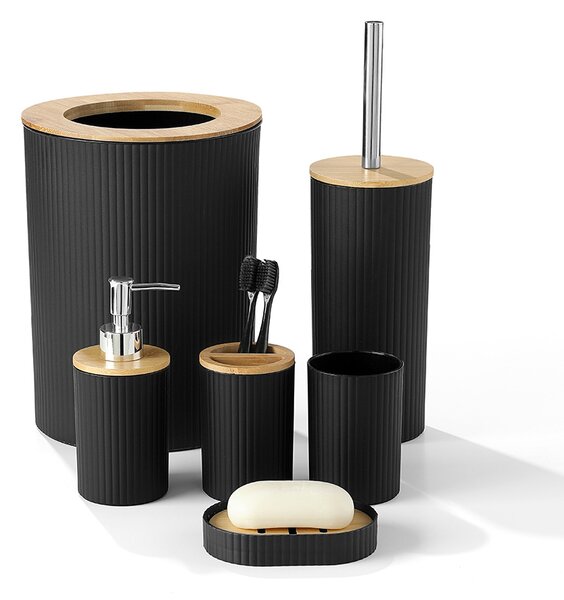 Комплект аксесоари за баня – 6 елемента с бамбукови детайли, Ruhhy 24636, черен цвят