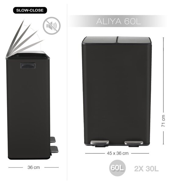 Матово черно стоманено кошче за боклук 2x30 l за рециклиране с педал Aliya – Spirella