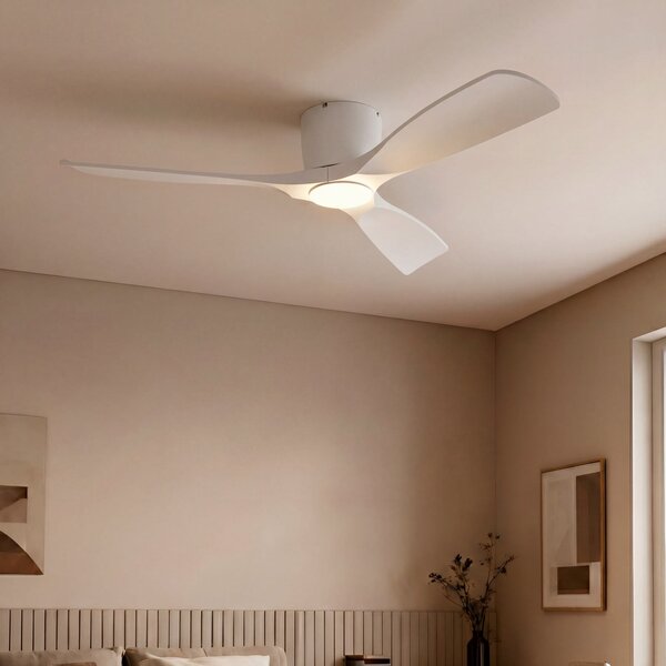 Lucande Smart LED тавански вентилатор Moneno, бял, DC, Tuya, Затъмняване, Бял, Дневна/трапезария, Метал, Модерен