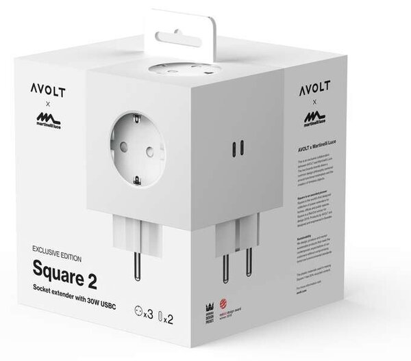 Avolt Stikdåser - Square 2 Socket Extender w/30W Dual USB-C ML Edition Опал Бяло Avolt