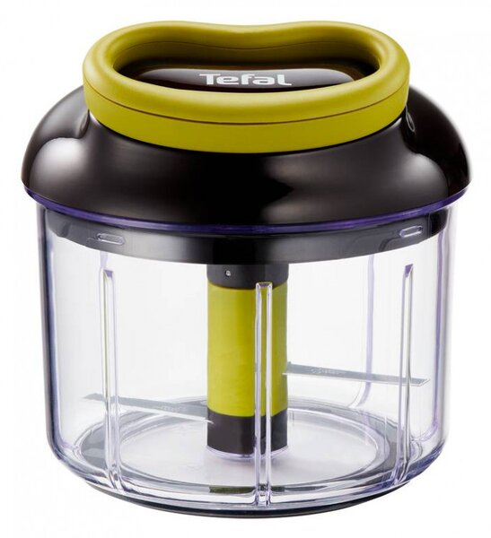 Ръчен чопър с въже Tefal K1320404, 0.9 л, Автоматично прибиране на въжето, 2 стоманени остриета, Заключване на капака, Черен/зелен