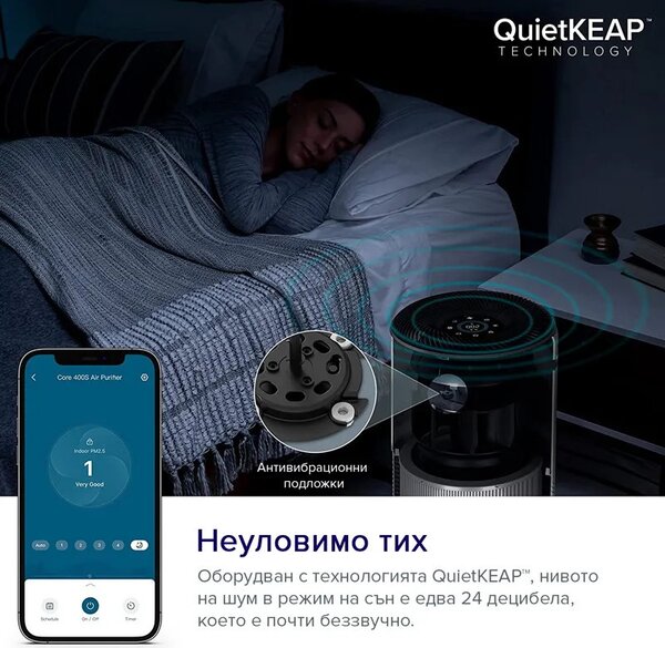Пречиствател за въздух Levoit Core 400S, 83 м2, 24W, True HEPA, 4 скорости, Таймер, Wi-Fi, Нощен режим, Индикатор за смяна на филтър, Гласови команди, Бял