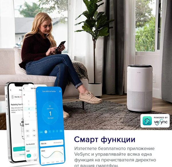 Пречиствател за въздух Levoit Core 400S, 83 м2, 24W, True HEPA, 4 скорости, Таймер, Wi-Fi, Нощен режим, Индикатор за смяна на филтър, Гласови команди, Бял