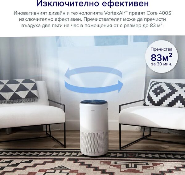 Пречиствател за въздух Levoit Core 400S, 83 м2, 24W, True HEPA, 4 скорости, Таймер, Wi-Fi, Нощен режим, Индикатор за смяна на филтър, Гласови команди, Бял