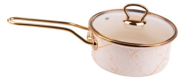 Касерола със стъклен капак Goldmann GM 4521-16B, 16x8 см, 1.5л, Емайл, Индукция, Бял/Старо Злато