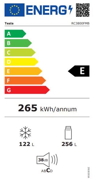 Хладилник с фризер Tesla RC3800FMB, 378 л, Енергиен клас E, 170W, Total No Frost, Metal Cooling, Super Cooling, Черен