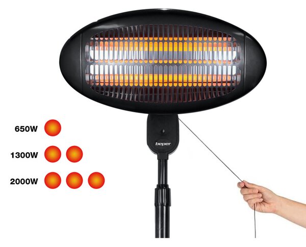Кварцова печка за двор Beper P203PAN002, 2000W, 3 степени, Регулируема глава, Защита от преобръщане, IP34, Черен