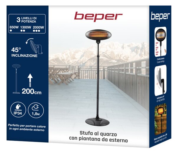 Кварцова печка за двор Beper P203PAN002, 2000W, 3 степени, Регулируема глава, Защита от преобръщане, IP34, Черен