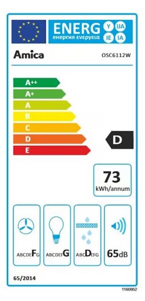 Абсорбатор AMICA OSC6112W, 197 m3/h, 118W, Клас D, 3 степени, 65 dBA, 60 см, Карбонов Филтър, Бял