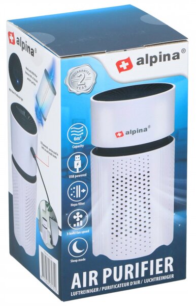 Пречиствател на въздух Alpina, 1.5W, До 6м2, 6 м3/ч, HEPA 13, Йонизатор, USB A, Бял