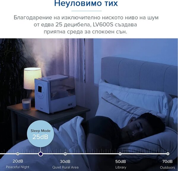 Овлажнител на въздух Levoit LV600S, Ултразвуков, SMART, Ароматерапия, 28/280 W, 6 л, 3 нива, До 70 м2, Дистанционно, Бял