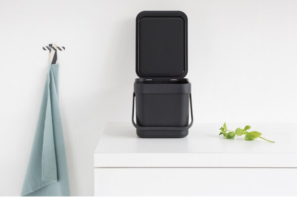 Кош за разделно събиране на боклук Brabantia Sort&Go 648974, 6 л, Дръжка, Възможност за стенен монтаж, Тъмносив