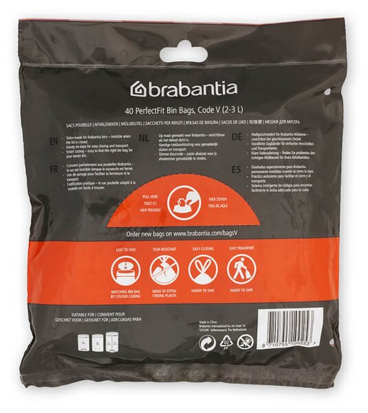 Торбички за кош Brabantia PerfectFit NewIcon 1005507, Размер V, 3 л, 40 броя, Бял