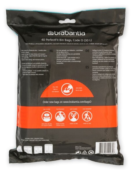 Торбички за кош Brabantia PerfectFit FlatBack+/Bo 1006073, Размер O, 30 л, 40 броя, Бял