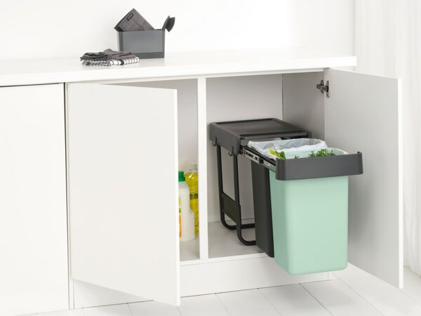 Кош за разделно събиране на боклук Brabantia Sort&Go 1008862, 2x15 л, Вътрешен монтаж с телескопична рамка, Сив/зелен