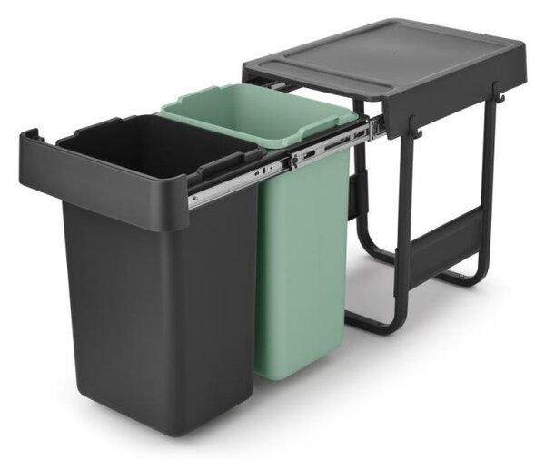 Кош за разделно събиране на боклук Brabantia Sort&Go 1008862, 2x15 л, Вътрешен монтаж с телескопична рамка, Сив/зелен