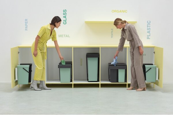 Кош за разделно събиране на боклук Brabantia Sort&Go 1008863, 2x30 л, Вътрешен монтаж с телескопична рамка, Сив/зелен
