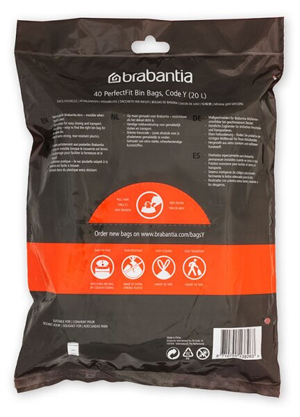 Торбички за кош Brabantia PerfectFit NewIcon 1005490, Размер Y, 20 л, 40 броя, Бял
