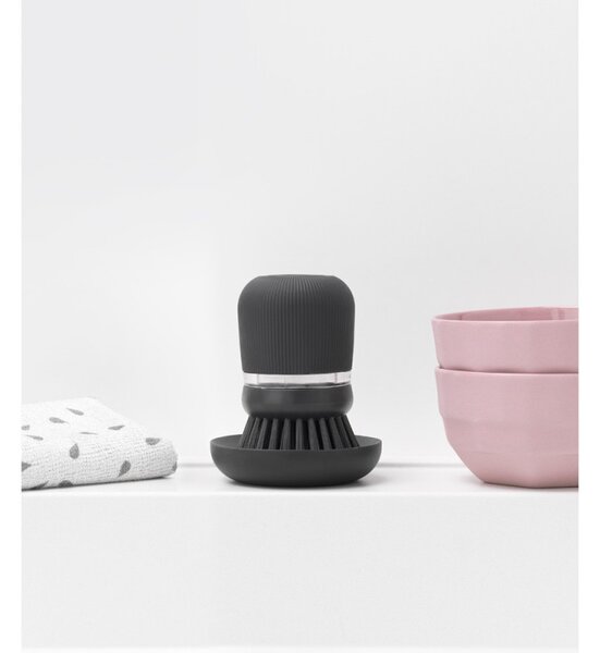 Дозатор за течен сапун с четка за миене на съдове Brabantia Sinkside 1003317, 100 мл, Полиестерни четчици, Поставка, Тъмносив
