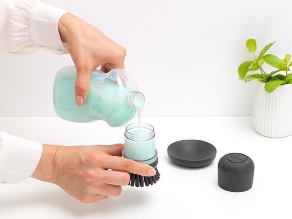 Дозатор за течен сапун с четка за миене на съдове Brabantia Sinkside 1003317, 100 мл, Полиестерни четчици, Поставка, Тъмносив