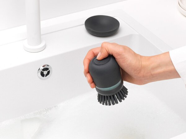 Дозатор за течен сапун с четка за миене на съдове Brabantia Sinkside 1003317, 100 мл, Полиестерни четчици, Поставка, Тъмносив