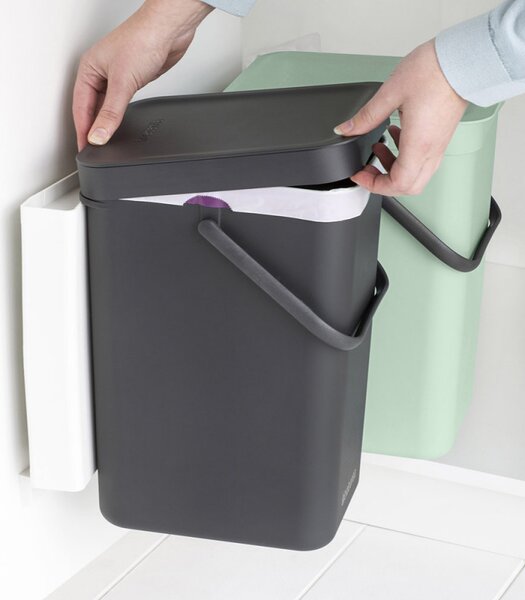 Кош за разделно събиране на боклук Brabantia Sort&Go 1005513, 2x12 л, Монтаж върху врата на кухненски шкаф, Сив/зелен