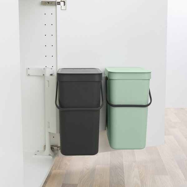 Кош за разделно събиране на боклук Brabantia Sort&Go 1005513, 2x12 л, Монтаж върху врата на кухненски шкаф, Сив/зелен
