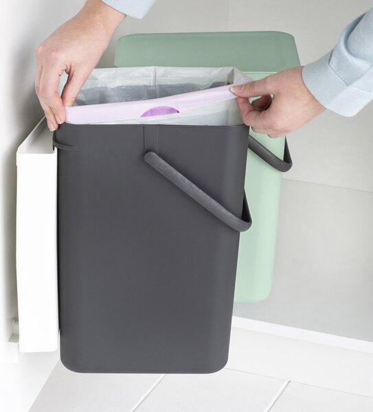 Кош за разделно събиране на боклук Brabantia Sort&Go 1005513, 2x12 л, Монтаж върху врата на кухненски шкаф, Сив/зелен
