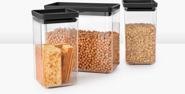 Кутии за съхранение Brabantia Tasty+ Stackable 1008879, 2x1.6л+1x3.5л, Без BPA, Плътно затваряне, Тъмносив