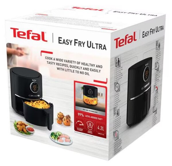 Фритюрник с горещ въздух Tefal Easy Fry Ultra EY1118, 1200W, 4.2 л, 8 програми, Таймер, 6 степени, До 200C, Черен