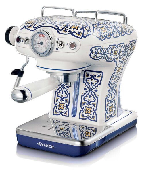 Кафемашина Ariete Capri 1389/1C, 850W, 15 bar, 0.9 л, Стиймър за мляко, Мляно и ESE дози, Бял/син